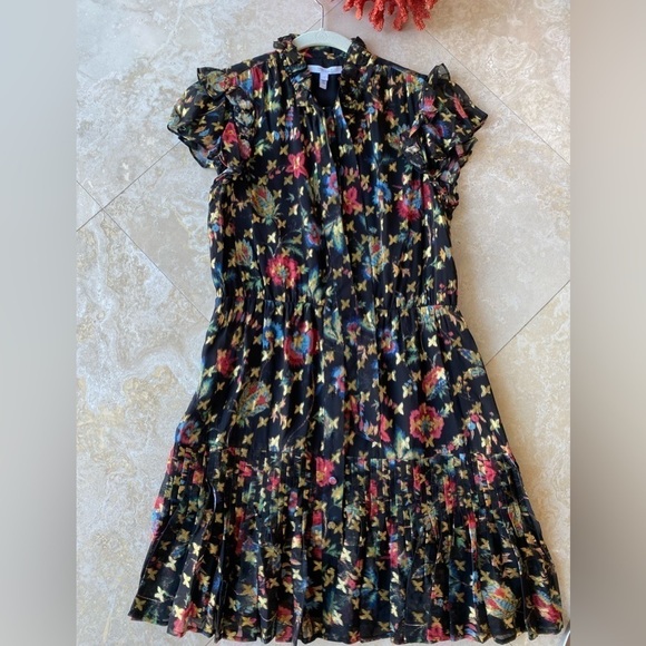 NWOT Derek Lam P*ssy-Bow Pleated Printed Metallic Fil Coupé Voile Mini Dress - Picture 1 of 12